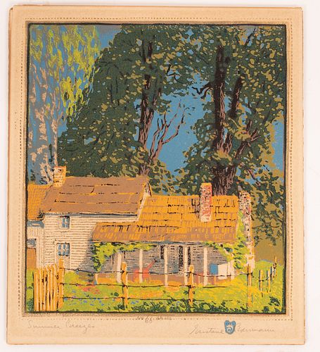 GUSTAVE BAUMANN (AMER/GERMAN, 1881–71), WOODCUT IN COLORS ON LAID PAPER, 1918, H 11", W 10", SUMMER BREEZE 