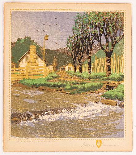 GUSTAVE BAUMANN (AMER/GERMAN, 1881–71), WOODCUT IN COLORS ON LAID PAPER, 1915-16, H 11", W 9.8", SPRING FRESHET 