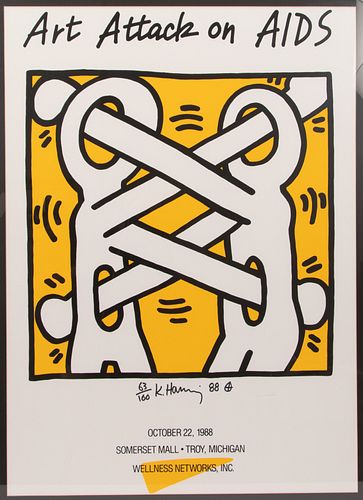 KEITH HARING (AMER, 1958–90), OFFSET LITHOGRAPH IN COLORS ON WOVE PAPER, 1988, H 40" W 30", ART ATTACK ON AIDS 