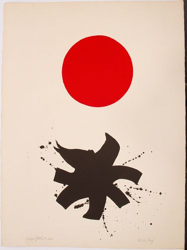 ADOLPH GOTTLIEB (AMER, 1903–74), SERIGRAPH IN COLORS ON ARCHES PAPER, 1966, H 30" W 22.375", WHITE GROUND, RED DISC 