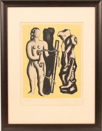 FERNAND LEGER (FRENCH, 1881–55), LITHOGRAPH IN COLORS ON ARCHES PAPER, 1952, H 16.25", W 13", FEMME SUR FOND JAUNE 