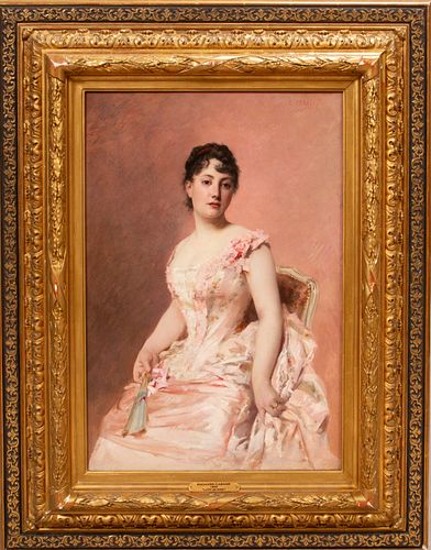 EDOUARD CABANE (FRENCH, 19/21TH C), OIL ON CANVAS, 1885, H 25", W 16.5", "LADY IN PINK" 