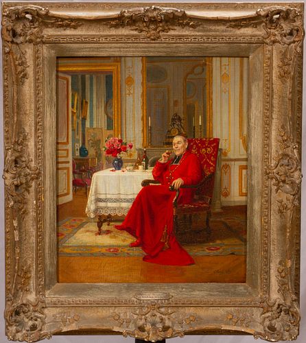 VICTOR MARAIS-MILTON (FRENCH, 1872-68), OIL ON BEVELED PANEL, H 18", W 15", SEATED CARDINAL 