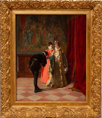FRANCESCO JACOVACCI (FRENCH, 1838-08), OIL ON BEVELED MAHOGANY PANEL, 1874, H 22", W 17", A FORMAL INTRODUCTION 