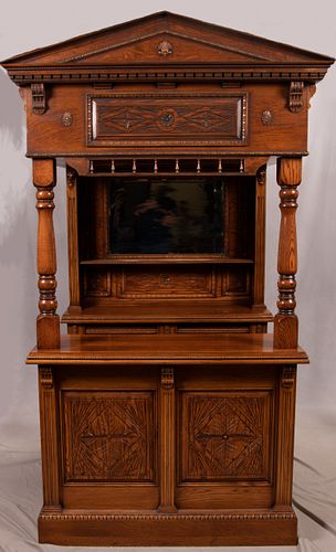 OAK & STAINED GLASS BAR, C. 1920, H 97", W 57", D 53"