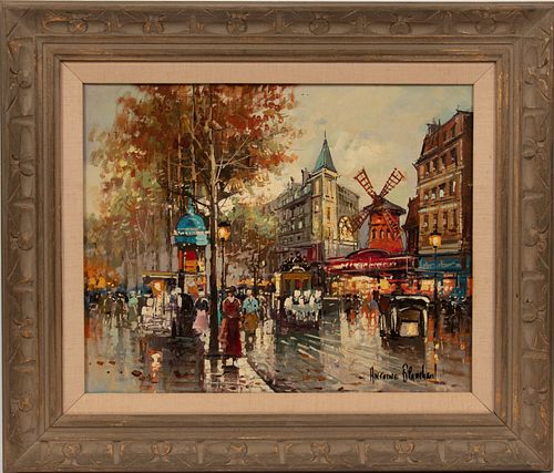 AFTER ANTOINE BLANCHARD (FRENCH, 1910-88), OIL ON CANVAS, H 16", W 20", THE MOULIN ROUGE 