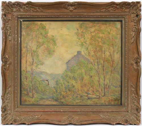 FRENCH OIL ON CANVAS, 1911, H 20", W 24", VIEW OF HOUSE 