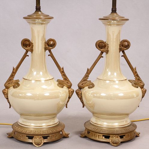 CERAMIC & GILT BRONZE LAMPS, PAIR, H 32"