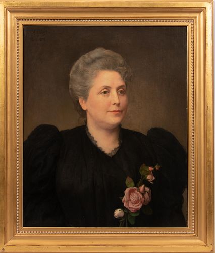 ANTONIO GISBERT (SPAIN, 1835-01), OIL ON BEVELED PANEL, 1896, H 25", W 21", STATELY WOMAN 