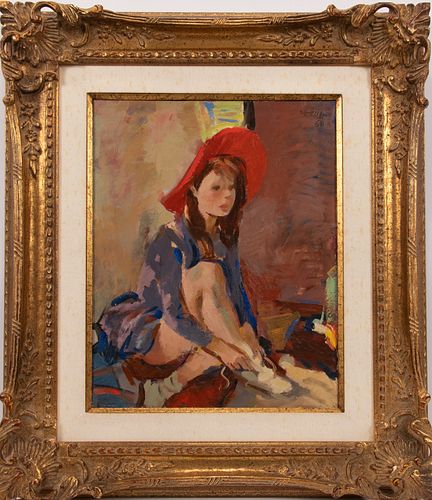 ANTON VORAUER (AUSTRA, 1905-85), OIL ON PANEL, 1961, H 21", W 17", GIRL TYING SLIPPERS 