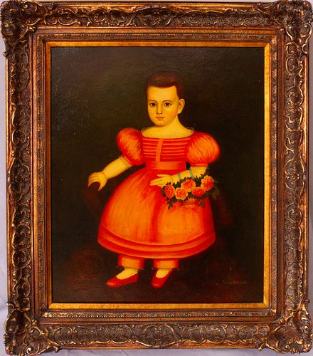 W.  BRODER, PRIMITIVE STYLE PORTRAIT, H 24" W 20" CHILD IN RED DRESS 