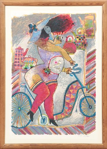 THEODORE TOBIASSE, B.1921, FRENCH - ISRAELI, COLOR LITHOGRAPH, H 42" W 28" LADY ON BICYCLE 