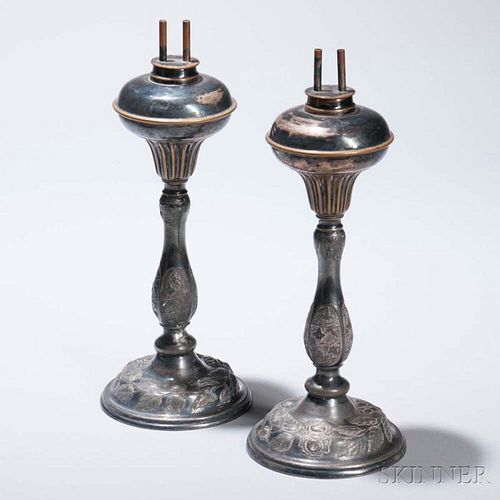 Pair of Silvered Pewter Fluid Lamps