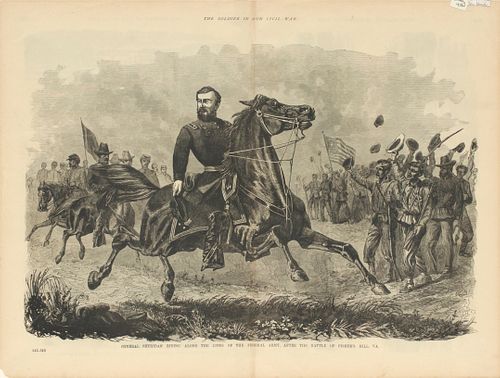 WOODCUT ENGRAVING BOOKPLATE ON PAPER, H 17", W 22", "GENERAL SHERIDAN RIDING ALONG..." 