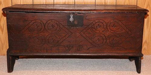 PENNSYLVANIA CARVED PINE CHEST, 19TH C, H 22", W 48", D 17"