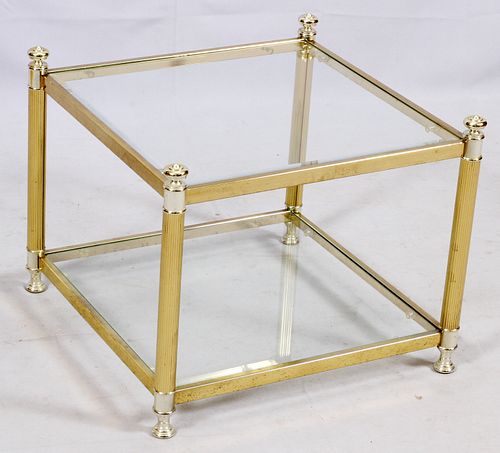 GLASS AND BRASS FRAME TABLE, H 18", W 22"