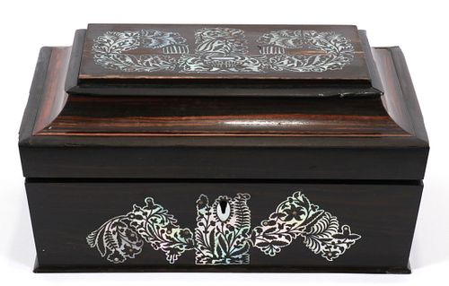 ENGLISH ROSEWOOD JEWELRY BOX, MOTHER OF PEARL INLAY, C 1870 H 6" L 12" 