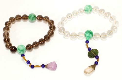 CHINESE COURT STYLE, ROCK CRYSTAL, JADITE AND AMETHYST BUDDHIST'S BRACELETS, 2 PCS., L 10" (TO PENDANT) 
