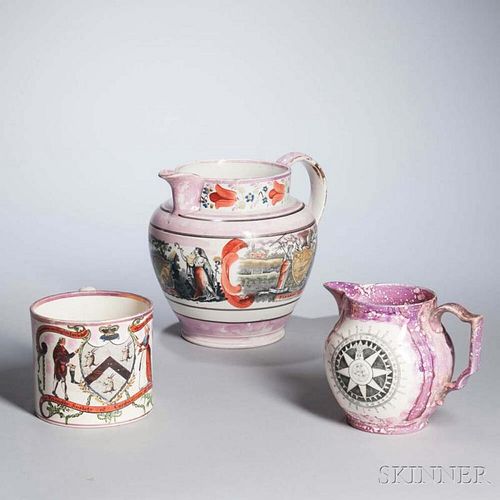 Three Staffordshire Transfer-decorated Pink Lusterware Table Items