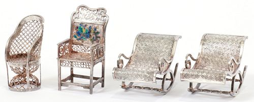 CHINESE MINIATURE SILVER CHAIRS, DOLL SIZE 4 PCS. H 1.2" 