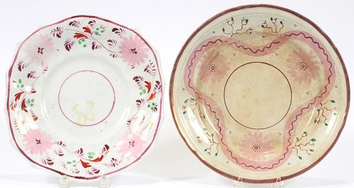 TWO PINK LUSTER HAND PAINTED CABINET PLATES  FLORAL PINK & GREEN FRUIT ALONG BORDER 1830 (2) DIA 10 .5" , 10" 