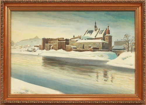 STANISLAS FABIJANSKI (POLISH, 1865-1947), WATERCOLOR ON PAPER, H 13", L 19", WINTER WATERFRONT 