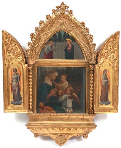 FLORENTINE ARCHED FRAME TRIPTYCH ICON, H 21", L 10.5"