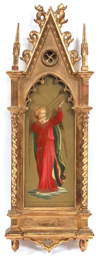 FLORENTINE ARCHED FRAME & CHROMOLITHOGRAPH, H 22", L 8", "GLORIA IN EXCELSIS!" 