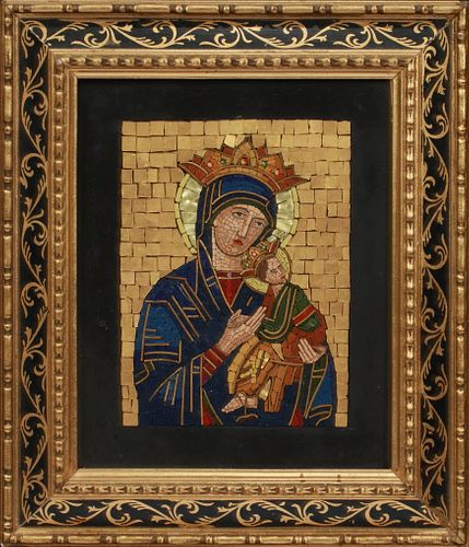 MOSAIC ICON IN FLORENTINE FRAME MOUNTED H 6" W 5" MADONNA AND CHILD 