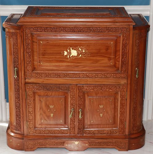 ASIAN CARVED WOOD & BRASS DRY BAR CABINET, H 36", W 38", D 18"