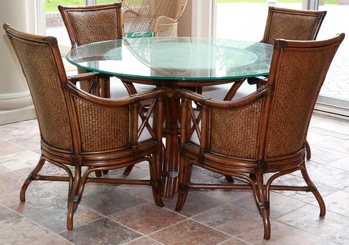GLASS TOP & CANE PATIO TABLE & CHAIRS, 5 PCS, H 54", DIA 30"