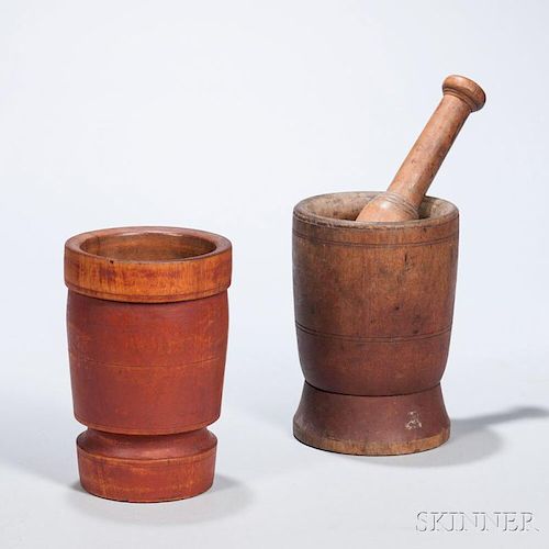 Two Turned and Red-painted Mortar and Pestles
