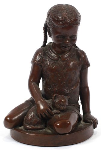 CHARLES PARKS (AMER, 1922-2012), BRONZE SCULPTURE, 1974, H 8.5", "GIRL WITH CAT" 