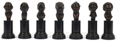 ITALIAN BRONZE BUSTS ON TURNED MARBLE PEDESTALS, MID 20TH C.  7 PCS, H 6.5"