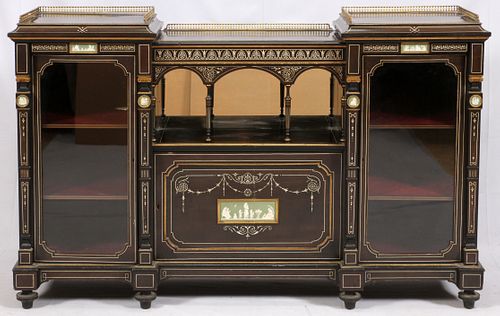 NEOCLASSICAL INFLUENCE EBONIZED CURIO CABINET CREDENZA WITH POTTERY PLAQUES, BRONZE ORMULU INLAID MOTHER OF PEARL (1) H 45", W 70"'