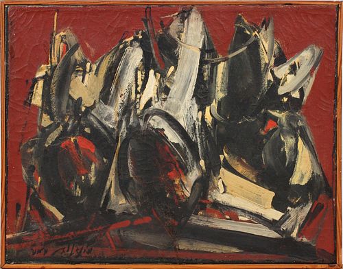 MEIR STEINGOLD, ISRAELI (1922-1985) OIL ON CANVAS C.1950 H 14" W 18" UNTITLED ABSTRACT 
