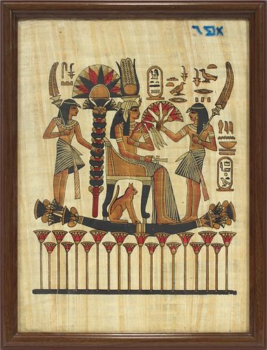 EGYPTIAN, COLOR PAINTING ON PAPYRUS PAPER, 20TH C, H 15", W 11", CLEOPATRA AND ATTENDANTS