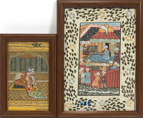 SYRIAN, HAND PAINTED PAINTINGS C1920, 2 PCS., H 8" & 12", W 5" & 8 1/2" 