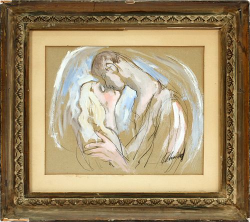 HAROLD COHN (AMER,1908-82), GOUACHE & CHARCOAL ON PAPER, H 9", L 11", EMBRACING COUPLE 