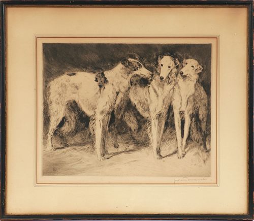 KARL VON DOMBROWSKI, GERMAN 1872 - 51,  ETCHING H 11" W 14" RUSSIAN WOLFHOUNDS 