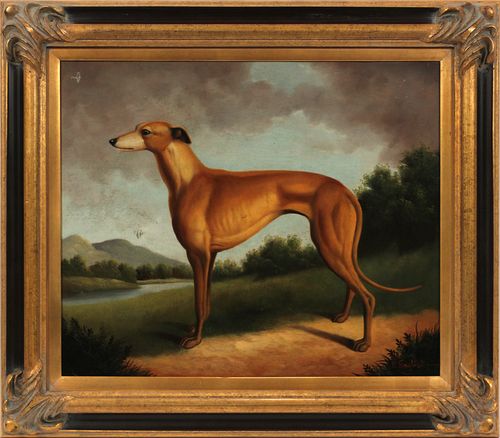 OIL ON CANVAS, H 20", W 24", WHIPPET IN LANDSCAPE 