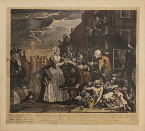 W. HOGARTH (1697-1764) ENGRAVING WITH HAND COLORING, ON PAPER H 8.75", W 9.75", "A RAKE'S PROGRESS (PLATE 4)" 