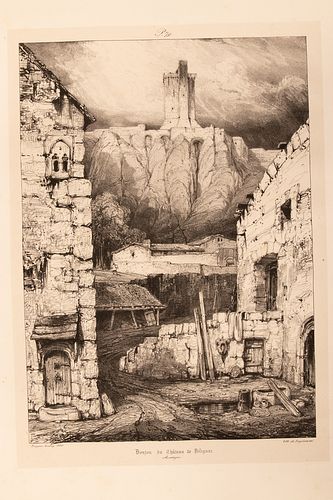 EUGENE ISABEY (FRENCH, 1803-1886) LITHOGRAPH IN BLACK AND WHITE,  1830 H 13.5" W 9.625" DONJON DU CHATEAU DE POLIGNAC 