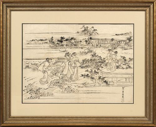 INK DRAWING, ON THIN CHINA PAPER, H 19.25" W 27" ASIAN WOMEN IN THE GARDENS 
