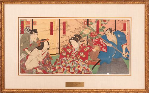 TOYOHARA KUNICHIKA (JAPAN, 1835-00), WOODBLOCK PRINT TRIPTYCH, H 14", W 28", KABUKI ACTORS 