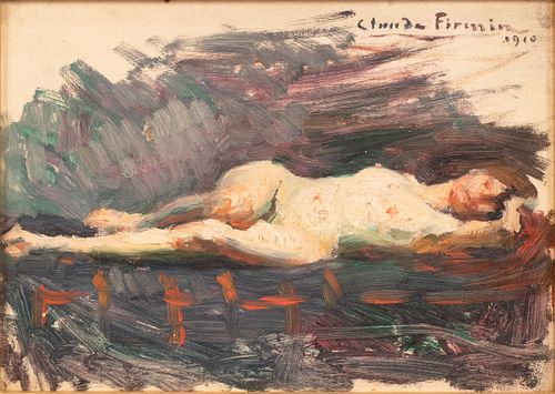 CLAUDE FIRMIN  (FRENCH, 1864-1944) OIL ON BEVELED WOOD PANEL 19010 H 6.25" W 8.75"  FEMME NUE COUCHÉE 