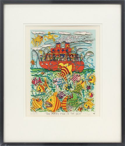JAMES RIZZI (AMERICAN 1950 - 2011) 3-D CUT-OUT LITHOGRAPH COLLAGE, 1989, #272/350, H 11", W 9", "TOO MANY FISH IN THE SEA" 