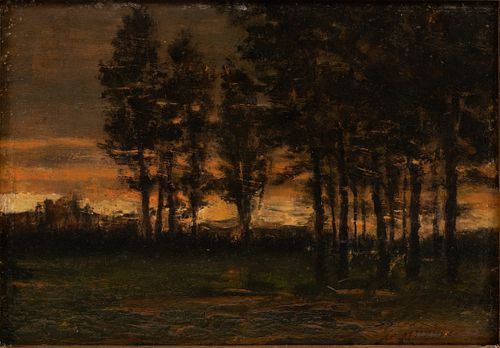 AMERICAN  OIL ON WOOD PANEL,  19TH C.  H 6.25" W 8.25" WOODED LANDSCAPE 