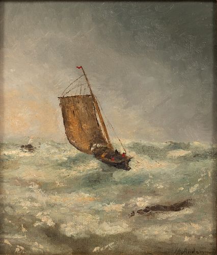 HENRI  ARDEN  (BELGIAN, 1859–1917) OIL ON CANVAS C.1900 H 11" W 9" VOILIER EN MER DU NORD 