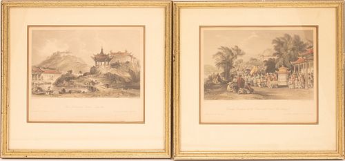 THOMAS ALLOM, ENGRAVED BY E. BRADSHAW, 19TH CENTURY HAND COLORED ENGRAVINGS, EACH ON WOVE PAPER, PAIR H 7" W 8" 